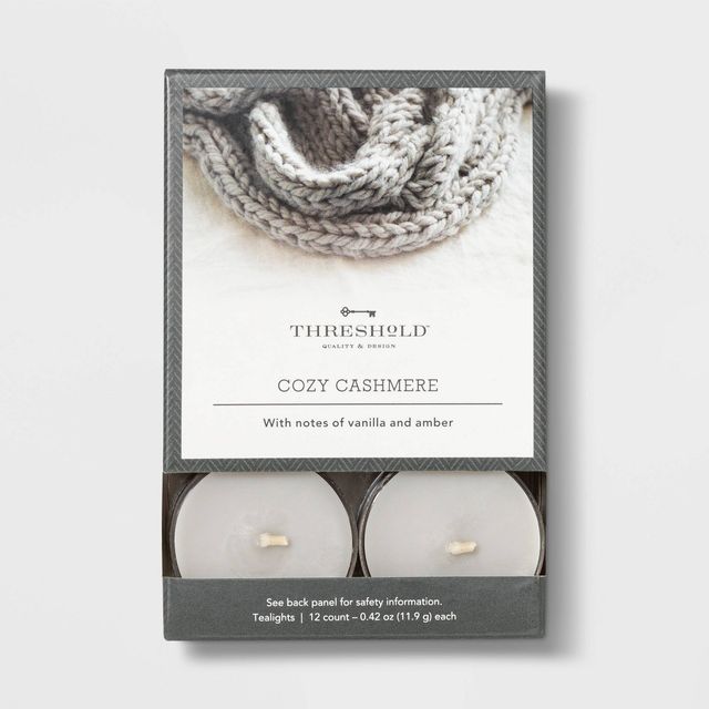 12pk Tealight Cozy Cashmere Candle - Threshold: Votive Ambiance, Palm & Paraffin Wax, 4hr Burn Time