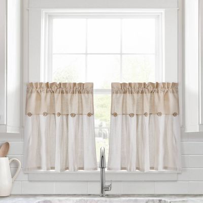 Set of 2 (24x29) Farmhouse Linen Button Kitchen Curtain Tiers Beige - Lush Dcor