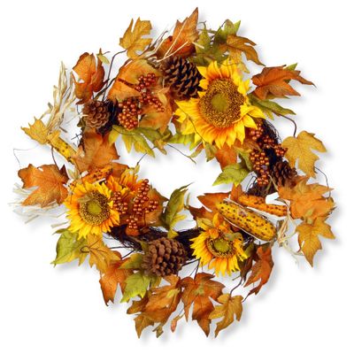 National Tree Company 24 Autumn Sunflower Wreath: Faux Maple Pinecone Berry Decor, Sheltered Outdoor Use