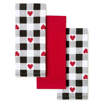 Martha Stewart 3pk Love Check Gingham Hearts Kitchen Towel Set Black/White: 100% Cotton, Classic Woven Pattern, 28x15