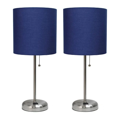 Creekwood Home Contemporary Bedside Duo Brushed Steel Table Lamp Set with Power Outlet and Navy Blue Shade