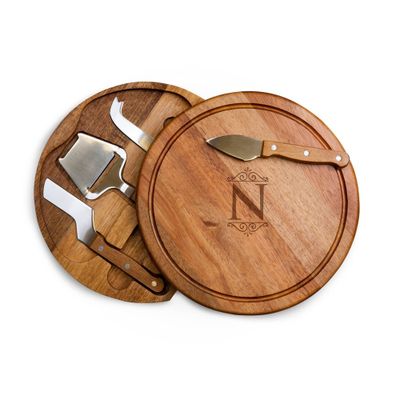 Picnic Time Monogram Acacia Wood Circo Cheese Cutting Board and Tools Set - N: Small Cutting Board & Knife, Charcuterie Set