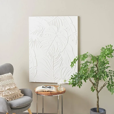 Olivia & May 47x35 Wooden Leaf Embossed Wall Decor White: MDF Vertical Nature-Inspired Art