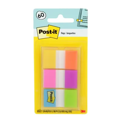 Post-it 60ct .47 Wide Flags with On-the-Go Dispenser - Electric Glow Collection: Multicolor Office Supplies, Removable File Tabs