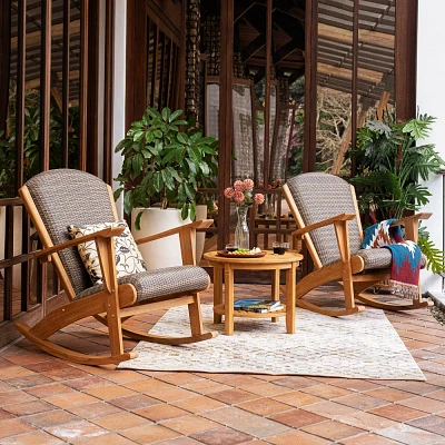 Cambridge Casual 3pc Auburn Upholstered Teak Wood Outdoor Patio Small Spaces Rocker Conversation Set Teak Brown