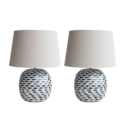 Storied Home (Set of 2) Coastal Capiz and Bamboo Table Lamps with Fish Design Blue and White: Nautical Drum Shades, ETL & UL Listed