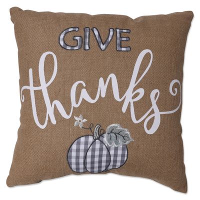 18.5x18.5 Indoor Thanksgiving Give Thanks Square Throw Pillow - Pillow Perfect: Appliqued & Embroidered, Rustic Jute