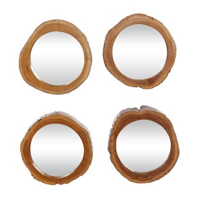 Teak Wood Live Edge Wall Mirror Set of 4 Brown - Olivia & May: Rustic Round Decorative Entryway Wooden Mirror Set