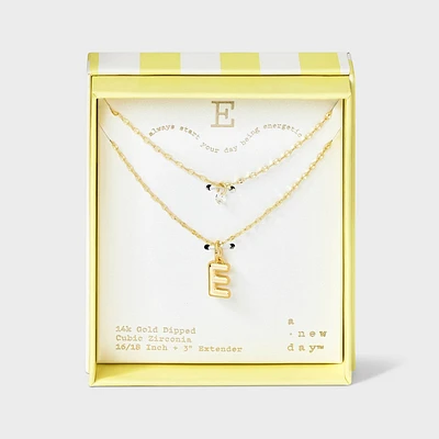 14K Gold Dipped Initial E Cubic Zirconia Layered Chain Necklace - A New Day Gold