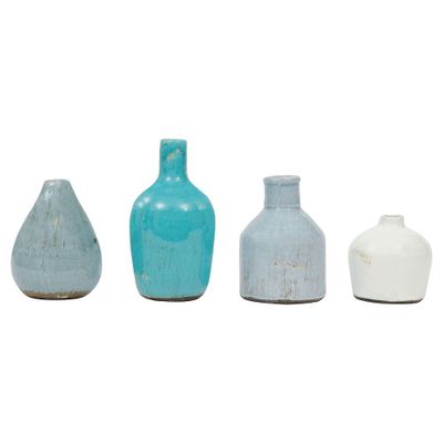 Storied Home Set of 4 Terra-cotta Vases Blue & White - Handmade Pottery, Not Dishwasher-Safe