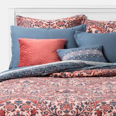 8pc Queeen Printed Paisley with Border Comforter Set Rose/Blue - Threshold: Twill, Reversible, OEKO-TEX Certified