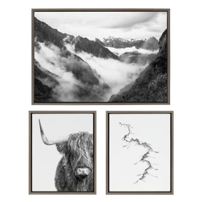 (Set of 3) 23 x 33 Sylvie Highland Cow & Inca Trail Framed Canvas Set - Kate & Laurel All Things Decor: Wall Art Decor