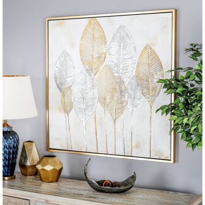 CosmoLiving by Cosmopolitan Canvas Leaf Framed Wall Art with  : Modern Botanical Decor, 40x40