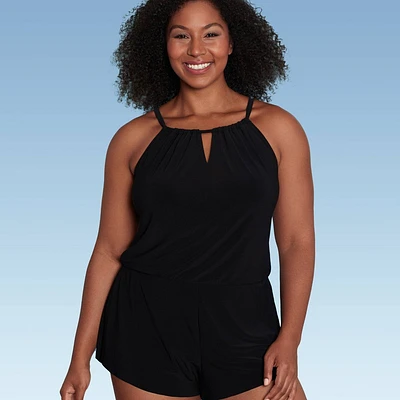 Women UPF 50 High Neck Swim Romper with Pocket One Piece Swimuit