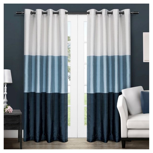Set of 2 108x54 Chateau Striped Faux Silk Grommet Top Window Curtain Panel Indigo - Exclusive Home: Navy, Room Darkening, Polyester