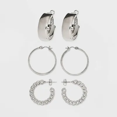 Frozen Chain and Chunky Hoop Earring Set 3pc - Wild Fable Silver