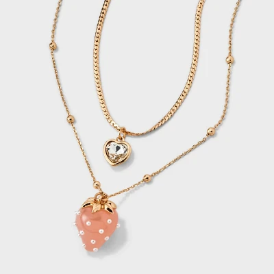 Dainty Chain Strawberry and Crystal Heart Pendant Necklace Set 3pc - Wild Fable Gold