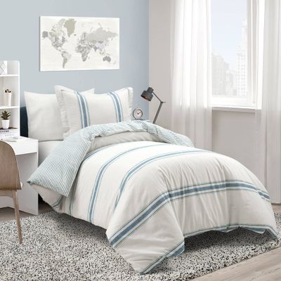 3pc Full/Queen Farmhouse Stripe Reversible Duvet Set Blue - Lush Dcor