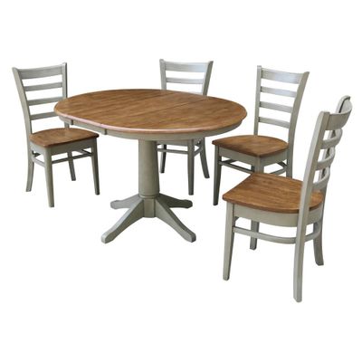 36 4pc Lisa Round Extendable Dining Table with Emily Chairs Hickory Brown - International Concepts: Solid Wood, Mid-Century Modern, Pedestal Base