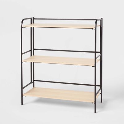 Folding 3 Shelf Wide Black Metal with Natural Wood Shelves - Brightroom: Powder-Coated, Foldable Design, Modern Style
