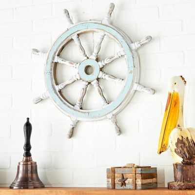 Wood Sail Boat Ship Wheel Wall Decor with Distressing Blue - Olivia & May: Coastal Nautical Carved Art, Vertical Orientation