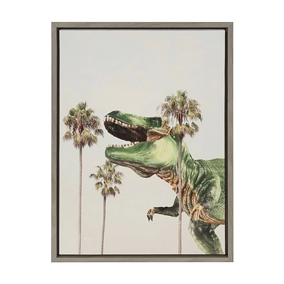 Kate & Laurel All Things Decor 18x24 Sylvie Dinosaur Framed Canvas Wall Art by July Art Prints Gray Beach Palm Tree Dinosaur