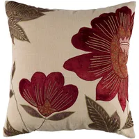 18x18 Square Throw Pillow Cover Beige/Red - Rizzy Home: Cotton Velvet, Zipper Closure, Floral Appliqu