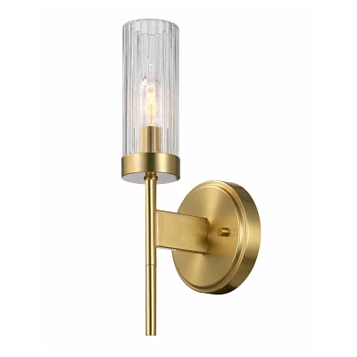 Globe Electric 1-Light Matte Brass Wall Sconce with Ribbed Clear Glass Shade