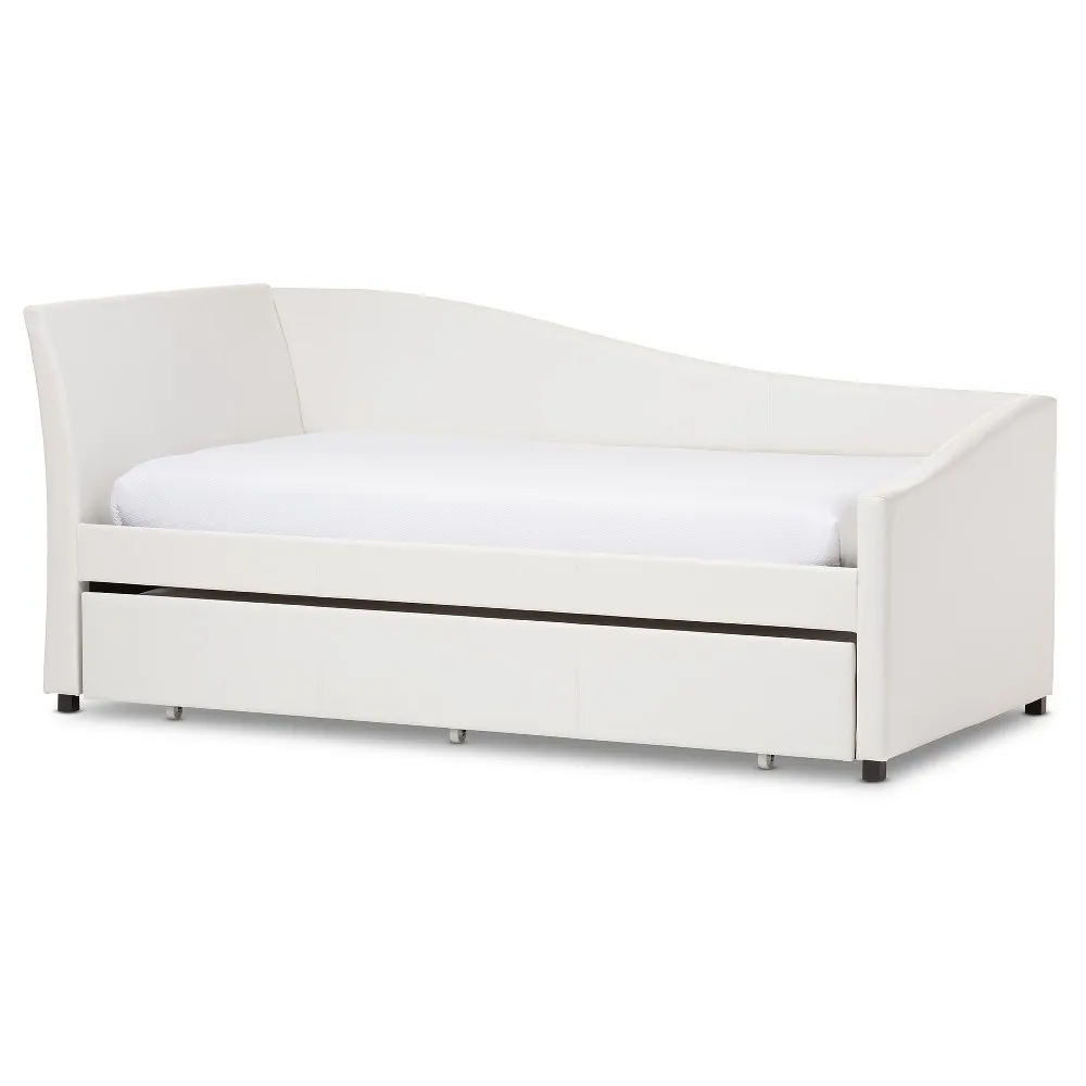 Baxton Studio Vera Modern and Contemporary White Faux Leather Upholstered Curved Sofa Twin Daybed with Roll-Out Trundle Guest Bed Baxton Studio Vera Modern and Contemporary White Faux Leather Upholstered Curved Sofa Twin Daybed with Roll-Out Trundle Guest Bed