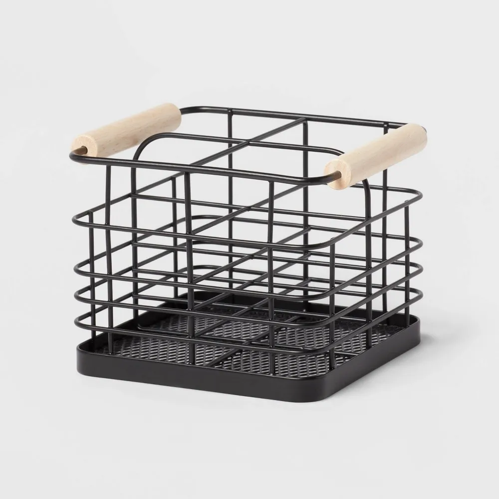 Divided Wire Caddy Basket with Wood Handle Black - Brightroom