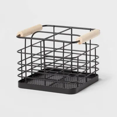 Divided Wire Caddy Basket with Wood Handle Black - Brightroom