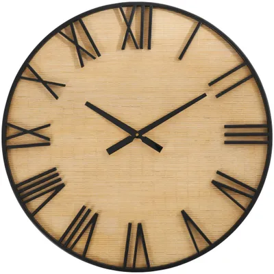 28x28 Wooden Wall Clock with Black Metal Numbers and Frame Light Brown - Olivia & May: Silent Mechanism, Roman Numerals, Indoor Decor