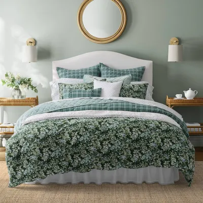 Laura Ashley 7pc  Bramble Floral 100% Cotton Duvet Cover Bonus Set Green