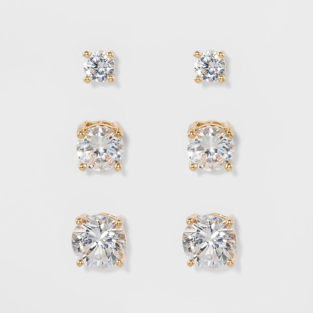 Crystal Round Stud Earring Set 3pc - A New Day Gold