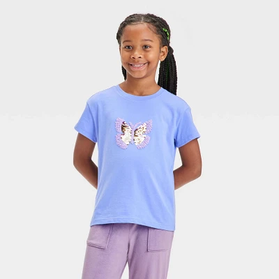 Girl Short Sleeve Flip Sequin Butterfly T-Shirt