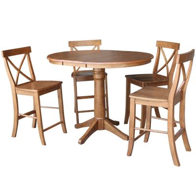 36 Ryan Round Extendable Dining Table with 4 X Back Stools Distressed Oak - International Concepts: Solid Wood, Mid-Century, Pedestal Base