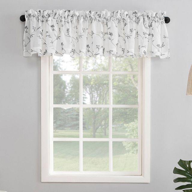 17x50 Delia Embroidered Floral Sheer Rod Pocket Curtain Valance White/Gray - No. 918
