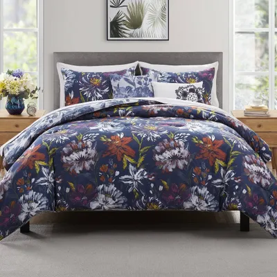 5pc  Danny Reversible Floral Comforter Set Dark Blue - VCNY: Includes Shams & Decorative Pillows