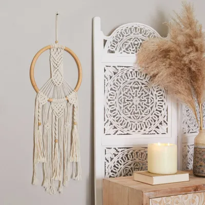 37x13 Cotton Macrame Handmade Wall Decor with Tassels White - Olivia & May: Boho Chic Hanging Art