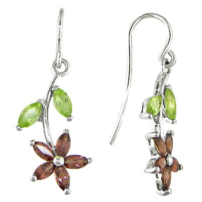 Silver Garnet and Peridot Drop Earrings - Green/Brown