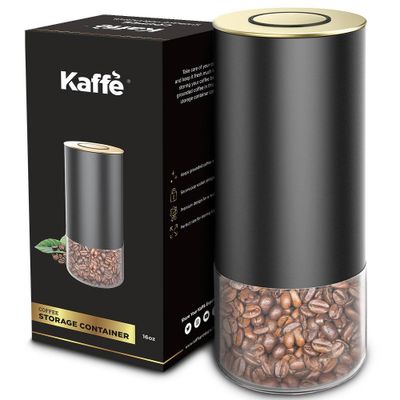 Coffee Storage Container - Round - Black/Gold - 16 oz: Airtight Coffee Canister, Coffee Bean Holder, Metal & Glass, Hand Wash