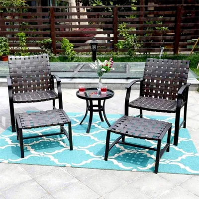 5pc Strap Chairs, Ottomans & Glass Top Side Coffee Table - Captiva Designs: Outdoor Seating Set with Steel Frame