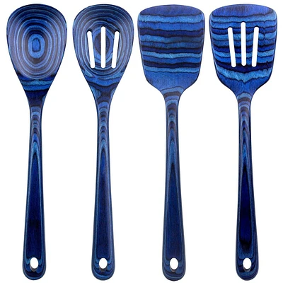 Baltique 4pc Malta Utensil Set: Wood Kitchen Tools, Hand Wash, Blue Cooking Utensils, Adult Kitchen Utensil Set