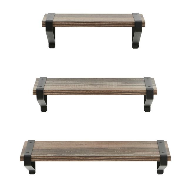 3pc Capri Wall Shelf Set with Brackets Black/Rustic - Danya B.: Distressed Wood, Iron Frame, Adjustable