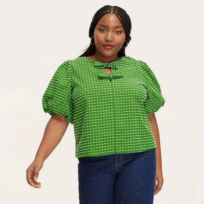 Womens Textured Polka Dot Puff Short Sleeve Blouse