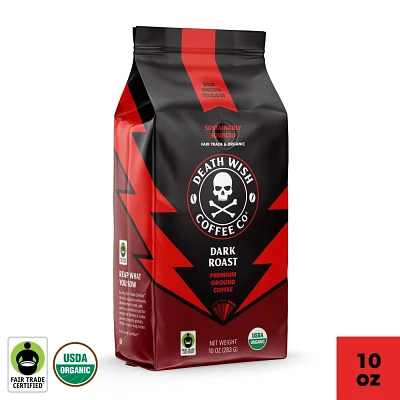 Death Wish Coffee Organic and Fair Trade Dark Roast Ground Coffee 10oz