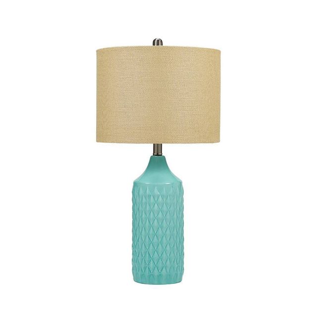 Cresswell Lighting 26.5 Quilted Ceramic Table Lamp with Natural Linen Drum Shade Aqua Blue: ETL Listed, Modern Design