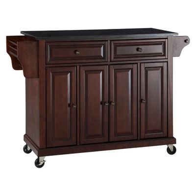 Crosley Solid Black Granite Top Kitchen Cart/Island - Vintage Mahogany : Rolling Storage, Towel Bar, 4 Doors