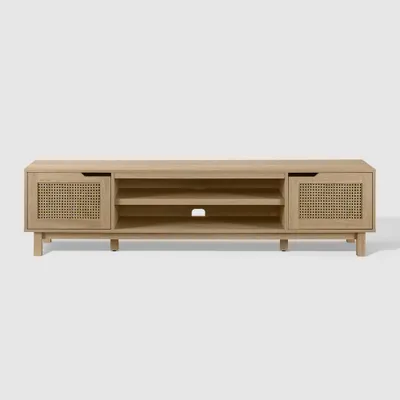 Modern Boho Storage TV Stand for TVs up to 80 with Rattan Doors  - Saracina Home: Media Console with Shelves