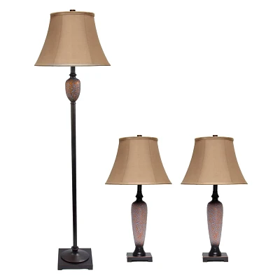 3pc Homely Traditional Valdivian Metal Lamp Set with Empire Fabric Shades Bronze/Light Brown - Lalia Home